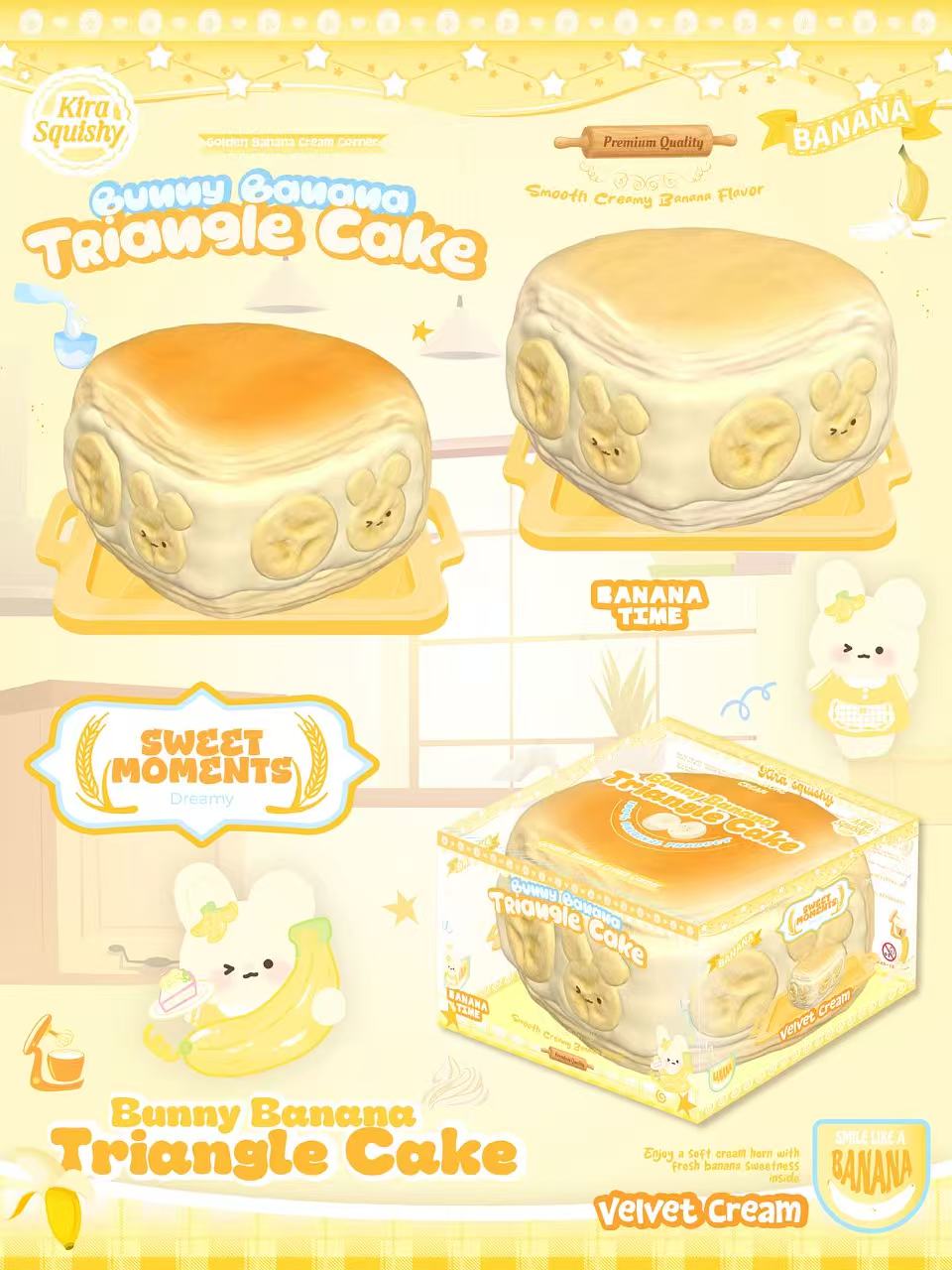 Bunny Banana Triangle Cake squishy in golden and cream colorways