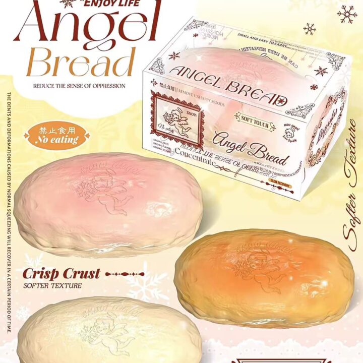 Snow Angel Bread squishy in three colorways with its display box